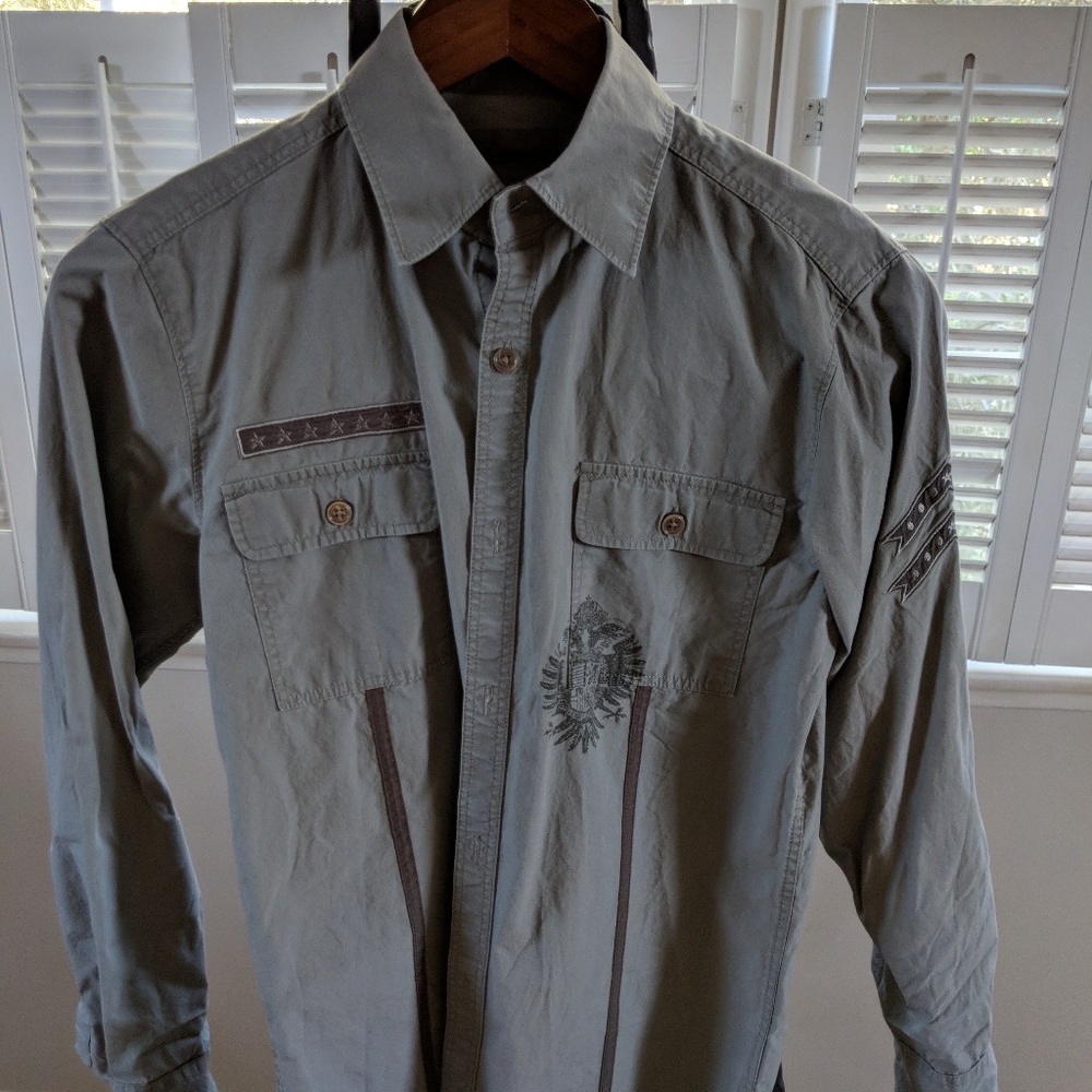 7 Diamonds Button Down Army Green embroidere shirt
